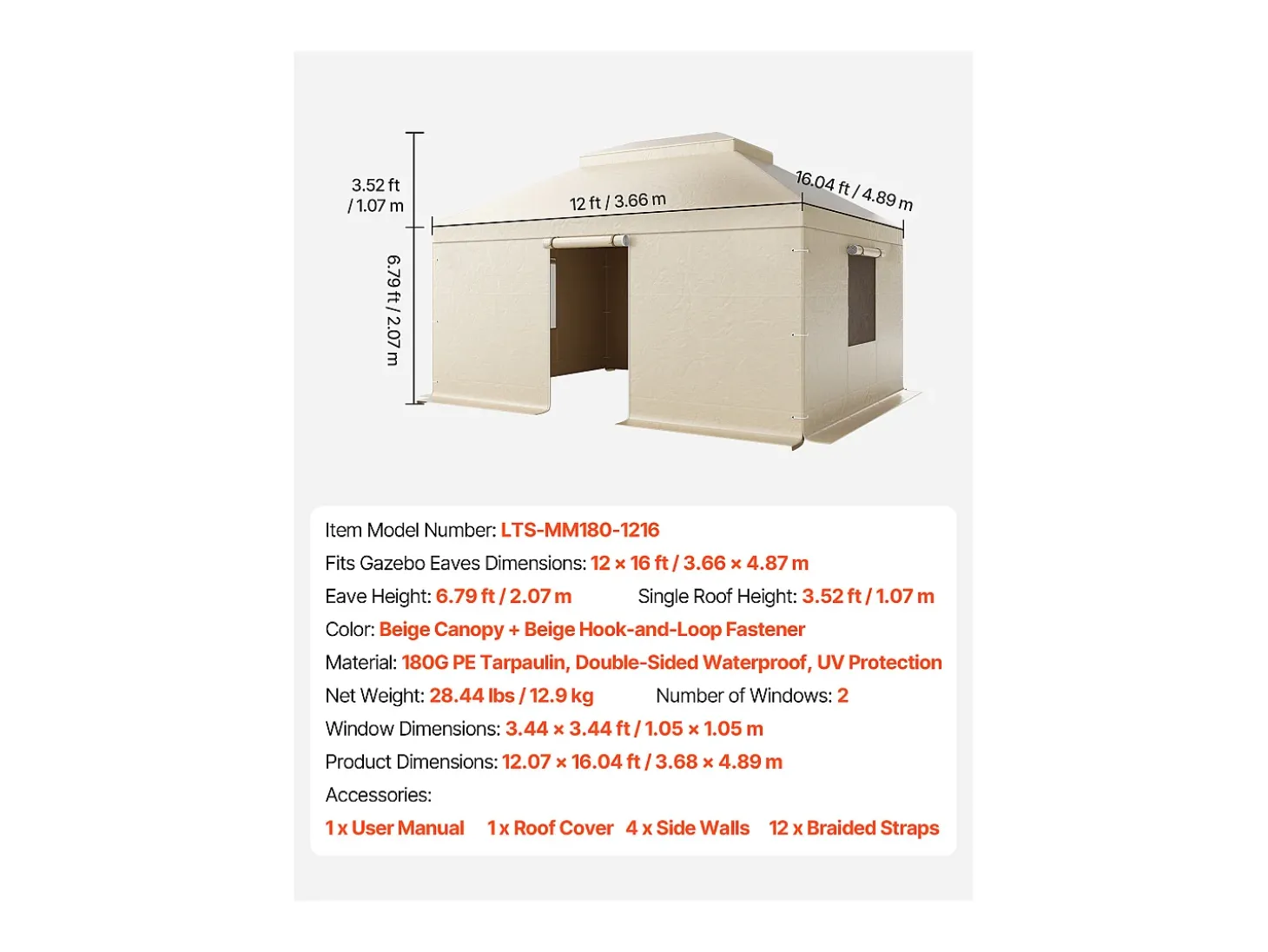 Capa de Gazebo Inverno SucceBuy, 3,66 x 4,9 m, Cobertura para Gazebo com Teto Rígido Duplo, com Paredes Laterais, Janelas de Rede, Material PE Alta Densidade