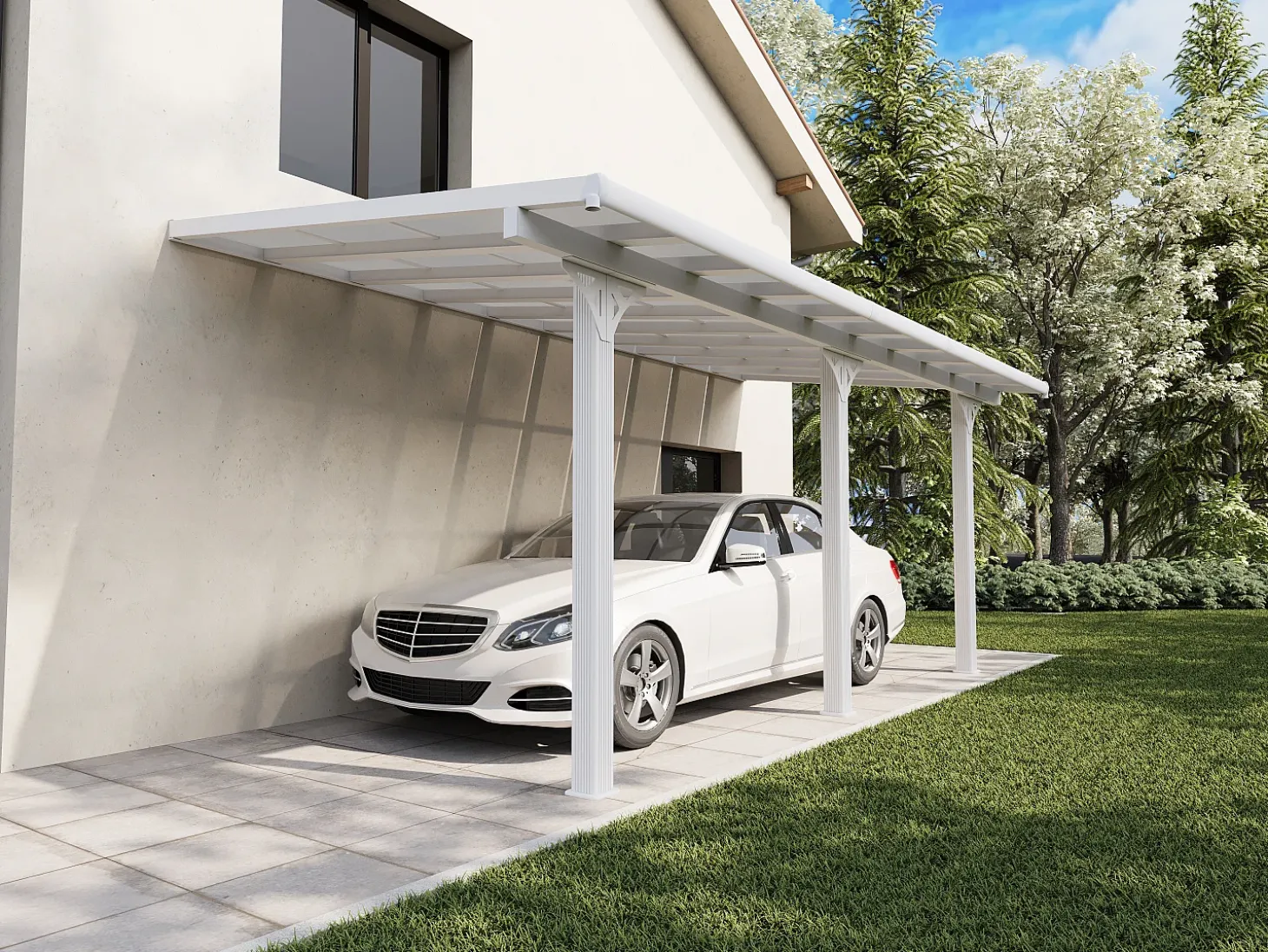 Carport pergolado adossado em alumínio com telhado de policarbonato para 1 carro 18,54 m² branco PAZERA