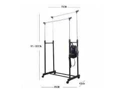 Carregando com roupas com rodas, altura da haste de roupa estica 90-160 cm, com suporte de chaussure, carga máxima. 50kg, 2 hastes