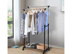 Carregando com roupas com rodas, altura da haste de roupa estica 90-160 cm, com suporte de chaussure, carga máxima. 50kg, 2 hastes