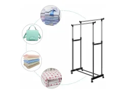 Carregando com roupas com rodas, altura da haste de roupa estica 90-160 cm, com suporte de chaussure, carga máxima. 50kg, 2 hastes