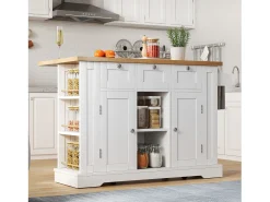 Carrinho branco - Ilha de cozinha com 2 portas e 3 gavetas - porta-temperos e 5 rodízios - para cozinha e sala de jantar