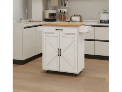 Carrinho de cozinha branco com 2 portas, gaveta e suporte para toalhas, tampo em madeira
