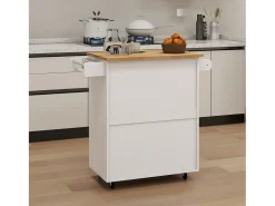 Carrinho de cozinha branco com 2 portas, gaveta e suporte para toalhas, tampo em madeira