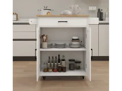 Carrinho de cozinha branco com 2 portas, gaveta e suporte para toalhas, tampo em madeira