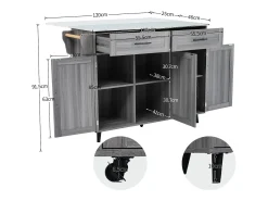 Carrinho de cozinha, Carrinho de mesa 129x76x91,5cm, tampo rebatível, prateleiras interiores, ilha de cozinha, branco + cinzento caqui