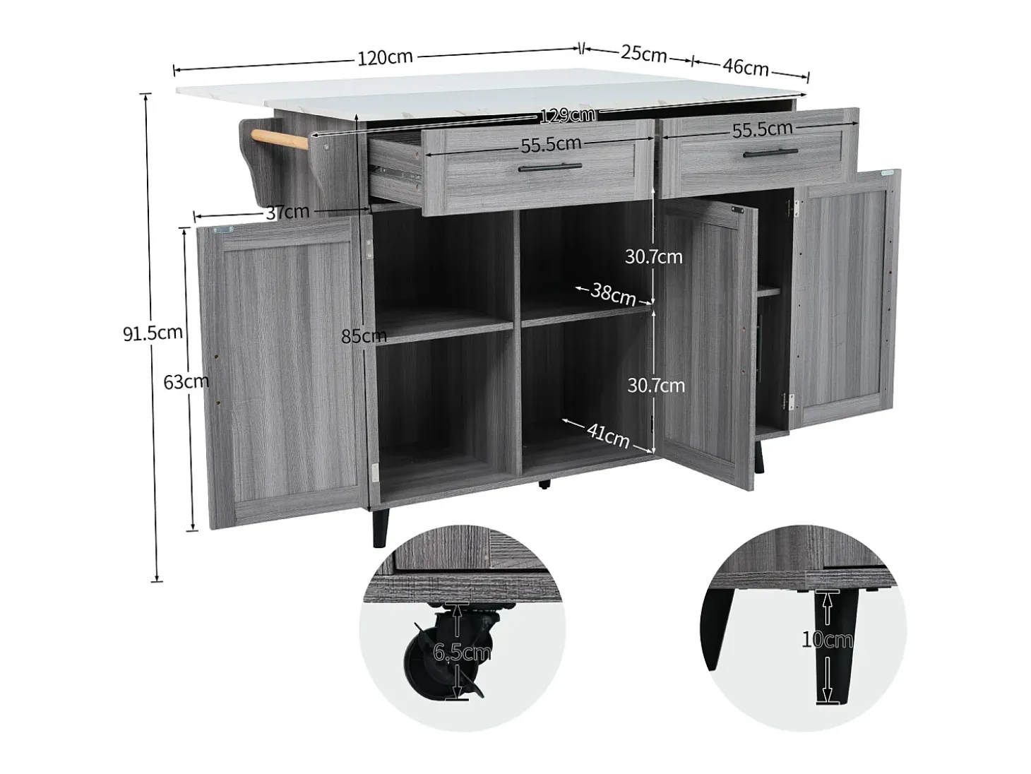 Carrinho de cozinha, Carrinho de mesa 129x76x91,5cm, tampo rebatível, prateleiras interiores, ilha de cozinha, branco + cinzento caqui