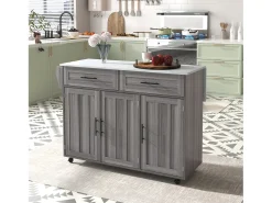 Carrinho de cozinha, Carrinho de mesa 129x76x91,5cm, tampo rebatível, prateleiras interiores, ilha de cozinha, branco + cinzento caqui