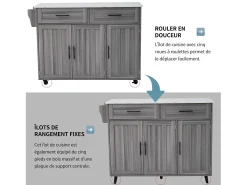 Carrinho de cozinha, Carrinho de mesa 129x76x91,5cm, tampo rebatível, prateleiras interiores, ilha de cozinha, branco + cinzento caqui