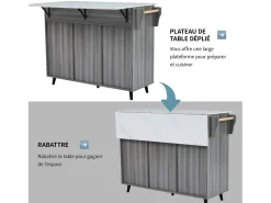 Carrinho de cozinha, Carrinho de mesa 129x76x91,5cm, tampo rebatível, prateleiras interiores, ilha de cozinha, branco + cinzento caqui