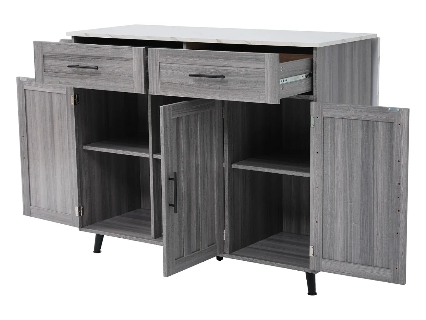 Carrinho de cozinha, Carrinho de mesa 129x76x91,5cm, tampo rebatível, prateleiras interiores, ilha de cozinha, branco + cinzento caqui