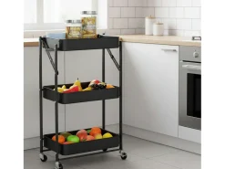 Carrinho de cozinha com 3 prateleiras e rodas, carvalho preto black, 45x77x29 cm