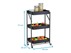 Carrinho de cozinha com 3 prateleiras e rodas, carvalho preto black, 45x77x29 cm