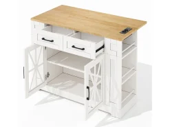 Carrinho de cozinha com rodas, 2 gavetas, 2 portas de vidro, tomada e porta USB, tampo extensível em madeira, corpo branco