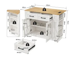 Carrinho de cozinha com rodas, 2 gavetas, 2 portas de vidro, tomada e porta USB, tampo extensível em madeira, corpo branco