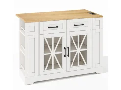 Carrinho de cozinha com rodas, 2 gavetas, 2 portas de vidro, tomada e porta USB, tampo extensível em madeira, corpo branco