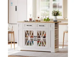Carrinho de cozinha com rodas, 2 gavetas, 2 portas de vidro, tomada e porta USB, tampo extensível em madeira, corpo branco