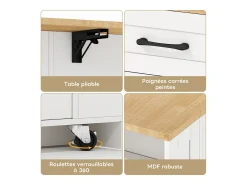 Carrinho de cozinha com rodas, 2 gavetas, 2 portas de vidro, tomada e porta USB, tampo extensível em madeira, corpo branco