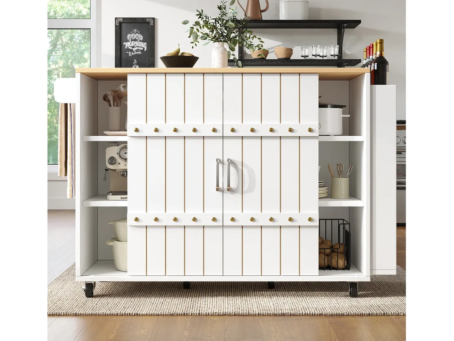 Carrinho de cozinha com rodas e tampo extensível, 2 portas de correr e 3 gavetas, branco - 110x70x90cm
