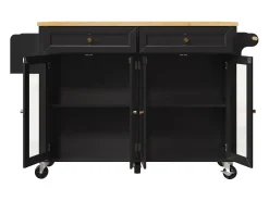 Carrinho de cozinha com rodas, 2 gavetas e 4 portas de vidro, tampo extensível, preto + natural