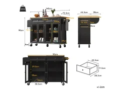 Carrinho de cozinha com rodas, 2 gavetas e 4 portas de vidro, tampo extensível, preto + natural