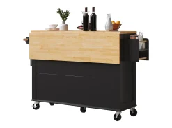 Carrinho de cozinha com rodas, 2 gavetas e 4 portas de vidro, tampo extensível, preto + natural