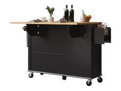 Carrinho de cozinha com rodas, 2 gavetas e 4 portas de vidro, tampo extensível, preto + natural