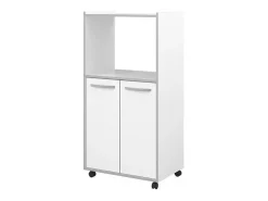Carrinho de cozinha compacto 60 cm branco mate 2 portas + nicho com prateleira, espaço para micro-ondas, pés de plástico, Made in France