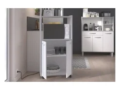 Carrinho de cozinha compacto 60 cm branco mate 2 portas + nicho com prateleira, espaço para micro-ondas, pés de plástico, Made in France
