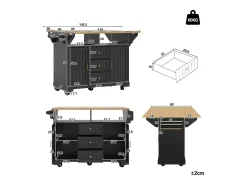 Carrinho de cozinha preto com 2 portas, 3 gavetas e toalheiro, suporte para temperos, tabuleiro extensível