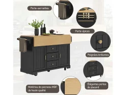 Carrinho de cozinha preto com 2 portas, 3 gavetas e toalheiro, suporte para temperos, tabuleiro extensível