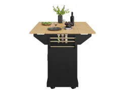 Carrinho de cozinha preto com 2 portas, 3 gavetas e toalheiro, suporte para temperos, tabuleiro extensível