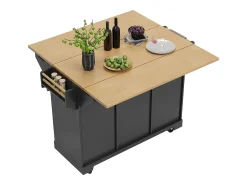 Carrinho de cozinha preto com 2 portas, 3 gavetas e toalheiro, suporte para temperos, tabuleiro extensível