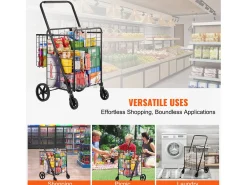 Carrinho de Lavandaria com Rodas SucceBuy, Carga de 50 Kg, 4 Rodas, Carrinho de Supermercado com Mais de 85 L e 2 Cestos