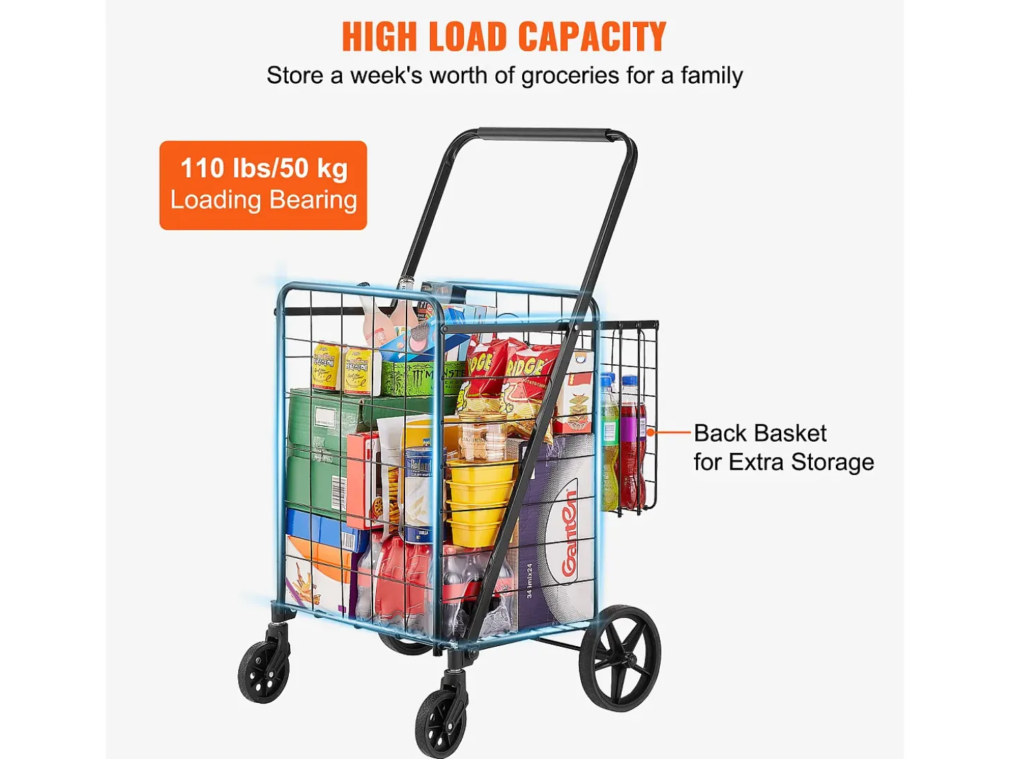 Carrinho de Lavandaria com Rodas SucceBuy, Carga de 50 Kg, 4 Rodas, Carrinho de Supermercado com Mais de 85 L e 2 Cestos