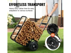 Carrinho de Lenha, SucceBuy Carrinho para Lenha de Aço para 113 kg, Interior/Exterior, Rodas Pneumáticas, Carrinho para Lenha, Suporte para Lareira/Fogo, Preto