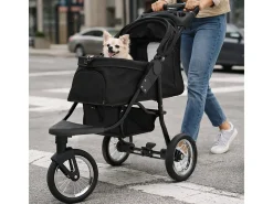 Carrinho para Cães e Gatos 3 Rodas Dobrável Preto Capota e Capa de Chuva