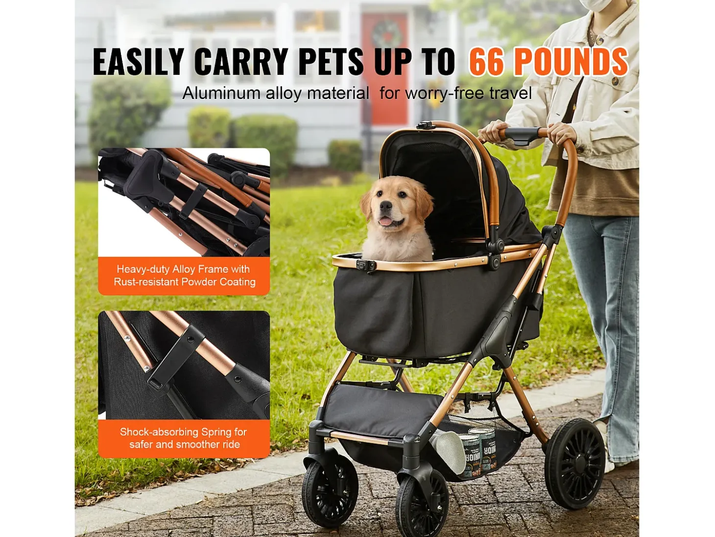 Carrinho para Cão SucceBuy, 4 Rodas com Freios, Capacidade de Carga 30 kg, Tecido Oxford 800D, para Cães de Porte Pequeno/Médio, Preto
