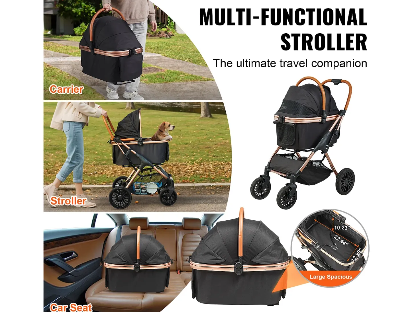 Carrinho para Cão SucceBuy, 4 Rodas com Freios, Capacidade de Carga 30 kg, Tecido Oxford 800D, para Cães de Porte Pequeno/Médio, Preto