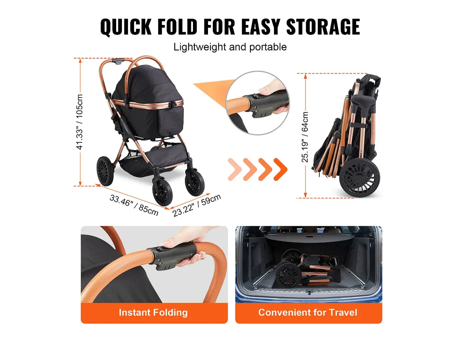 Carrinho para Cão SucceBuy, 4 Rodas com Freios, Capacidade de Carga 30 kg, Tecido Oxford 800D, para Cães de Porte Pequeno/Médio, Preto