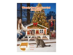 Casa de Gato Elevada SucceBuy, 110,5x85,3x78,7 cm, Nicho para Gato Externo Isolamento em Espuma, Abrigo de Madeira com Grande Plataforma, Telhado de Asfalto