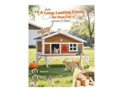 Casa de Gato Elevada SucceBuy, 110,5x85,3x78,7 cm, Nicho para Gato Externo Isolamento em Espuma, Abrigo de Madeira com Grande Plataforma, Telhado de Asfalto