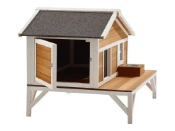 Casa de Gato Elevada SucceBuy, 110,5x85,3x78,7 cm, Nicho para Gato Externo Isolamento em Espuma, Abrigo de Madeira com Grande Plataforma, Telhado de Asfalto