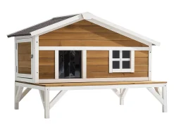 Casa de Gato Elevada SucceBuy, 110,5x85,3x78,7 cm, Nicho para Gato Externo Isolamento em Espuma, Abrigo de Madeira com Grande Plataforma, Telhado de Asfalto