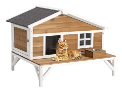 Casa de Gato Elevada SucceBuy, 110,5x85,3x78,7 cm, Nicho para Gato Externo Isolamento em Espuma, Abrigo de Madeira com Grande Plataforma, Telhado de Asfalto