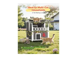 Casa de Gato Elevada SucceBuy, 84 x 75 x 82 cm, Nicho para Gato Externo Isolamento em Espuma, Abrigo de Madeira 2 Andares, para 1-3 Gatos Selvagens