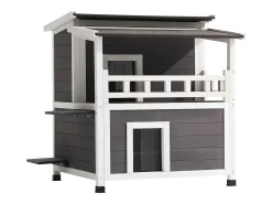 Casa de Gato Elevada SucceBuy, 84 x 75 x 82 cm, Nicho para Gato Externo Isolamento em Espuma, Abrigo de Madeira 2 Andares, para 1-3 Gatos Selvagens