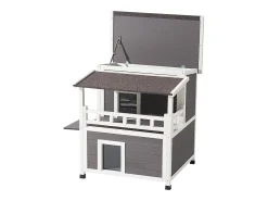 Casa de Gato Elevada SucceBuy, 84 x 75 x 82 cm, Nicho para Gato Externo Isolamento em Espuma, Abrigo de Madeira 2 Andares, para 1-3 Gatos Selvagens