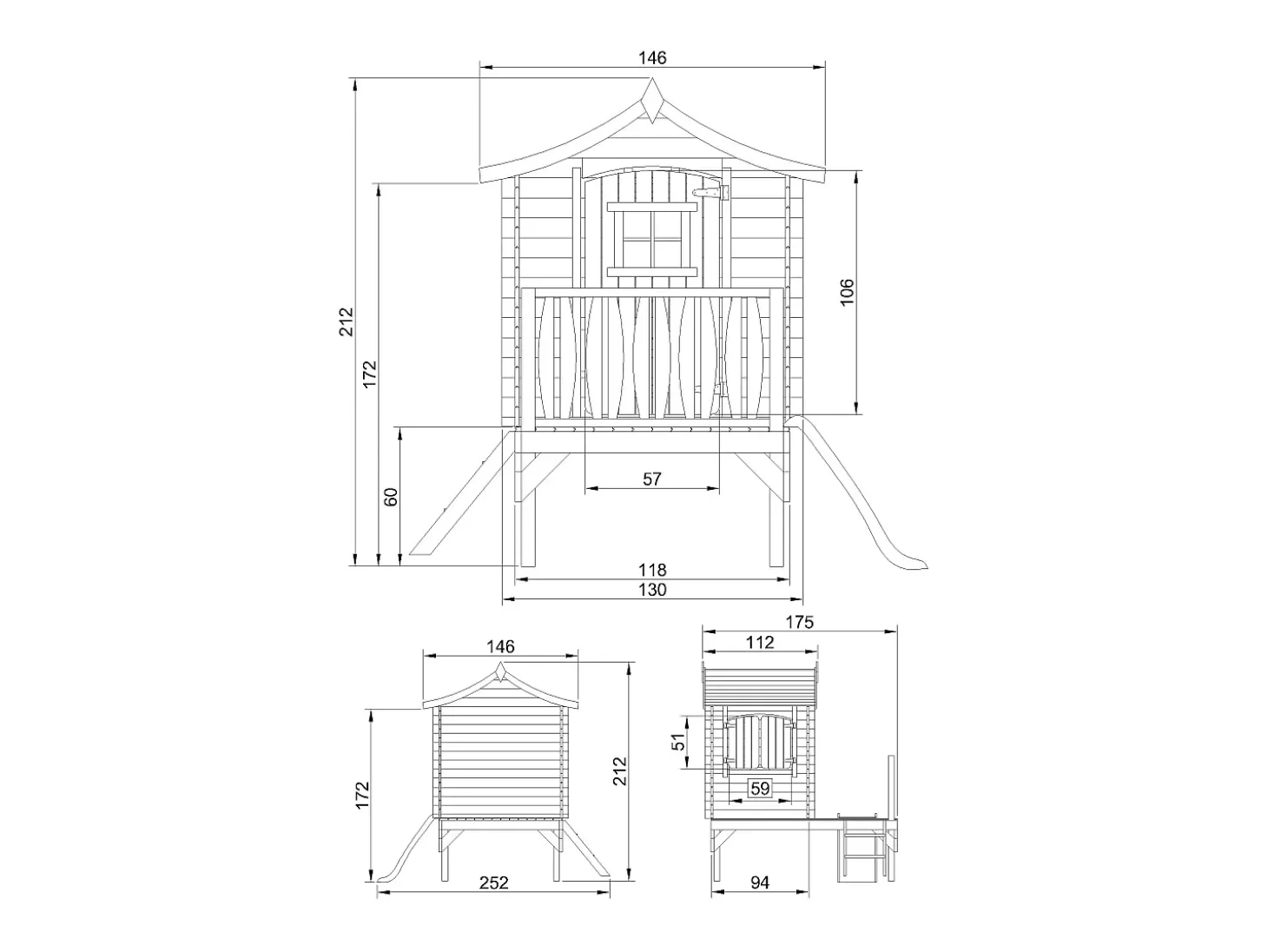 Casa stilt para crianças com slide - 1.1m² / 112x146xH212 cm - M550A