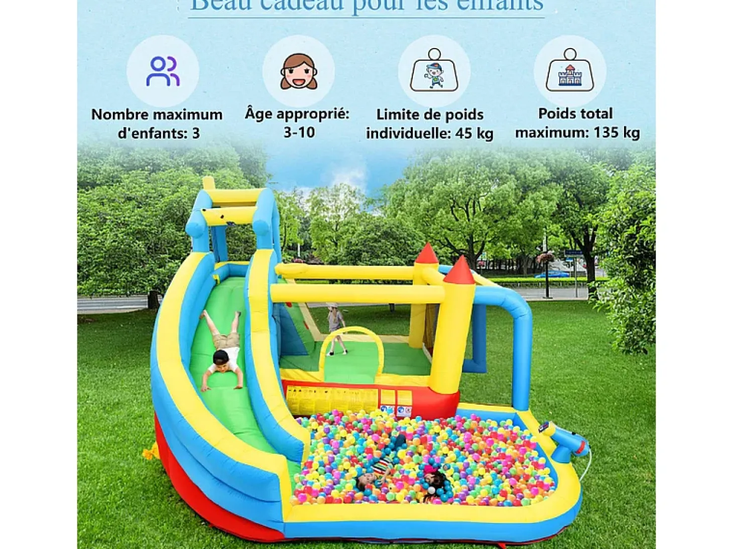 Castelo inflável para crianças de 3 a 10 anos - com soprador - carga máxima de 135 kg - 364x315x239cm